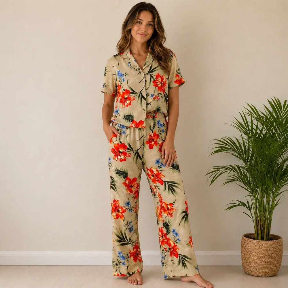 Y2K Matching Tropical Floral Pant Set Hawaiian Summer Retro Vacation Coastal - Picture 1 of 8